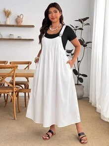 Enliva 大尺碼女款純色百褶休閒日常背心裙 - 白色 - 查看 4
