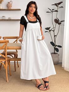 Enliva 大尺碼女款純色百褶休閒日常背心裙 - 白色 - 查看 3