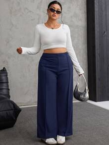 SHEIN EZwear Casual Versatile Navy Blue Plus Size Pants Fall - Navy Blue - View 5
