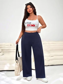 SHEIN EZwear Casual Versatile Navy Blue Plus Size Pants Fall - Navy Blue - View 8