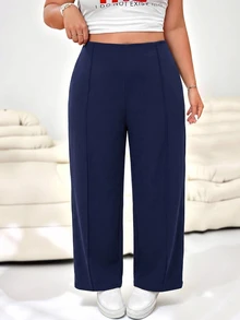 SHEIN EZwear Casual Versatile Navy Blue Plus Size Pants Fall - Navy Blue - View 3