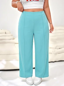 SHEIN EZwear 女款大尺碼鴨藍色純色高腰寬腿寬鬆長褲 秋季 - 水鴨藍 - 查看 7