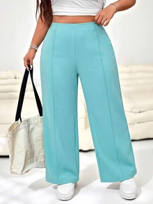 SHEIN EZwear 女款大尺碼鴨藍色純色高腰寬腿寬鬆長褲 秋季 - 水鴨藍 - 查看 8