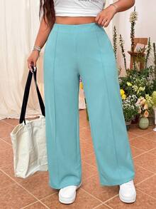SHEIN EZwear 女款大尺碼鴨藍色純色高腰寬腿寬鬆長褲 秋季 - 水鴨藍 - 查看 5