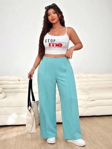 SHEIN EZwear 女款大尺碼鴨藍色純色高腰寬腿寬鬆長褲 秋季 - 水鴨藍 - 查看 3