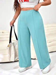 SHEIN EZwear 女款大尺碼鴨藍色純色高腰寬腿寬鬆長褲 秋季 - 水鴨藍 - 查看 6