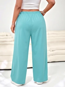 SHEIN EZwear 女款大尺碼鴨藍色純色高腰寬腿寬鬆長褲 秋季 - 水鴨藍 - 查看 2