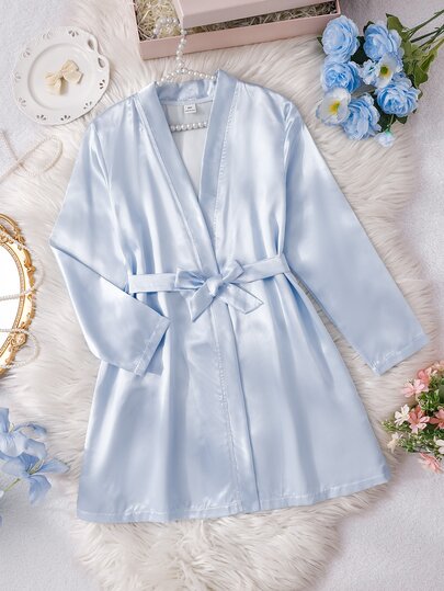 SHEIN Pijama casual de manga larga para niñas preadolescentes, color azul liso, estilo minimalista elegante, ropa de estar en casa suave y acogedora para otoño/invierno, ropa de dormir para interiores