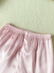 SHEIN 青少年女孩粉色純色極簡可愛優雅短褲與短袖休閒舒適寬鬆兩件式居家服睡衣套裝，適合夏季 - 粉色 - 查看 4