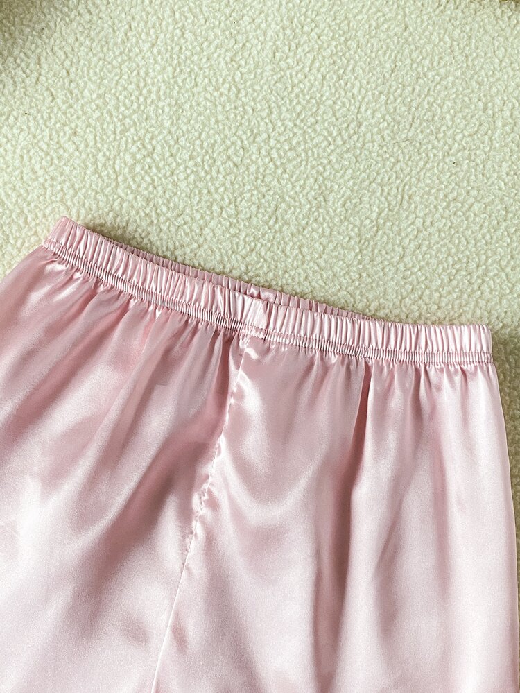 SHEIN Teen Girls Pink Solid Color Minimalist Elegant Shorts And Short Sleeve Casual Comfortable Loose 2 Pieces Loungewear Set - Pink - View 4