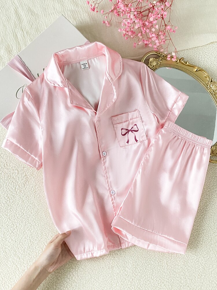 SHEIN Teen Girls Pink Solid Color Minimalist Elegant Shorts And Short Sleeve Casual Comfortable Loose 2 Pieces Loungewear Set - Pink - View 1