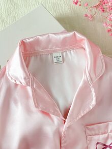 SHEIN 青少年女孩粉色純色極簡可愛優雅短褲與短袖休閒舒適寬鬆兩件式居家服睡衣套裝，適合夏季 - 粉色 - 查看 3
