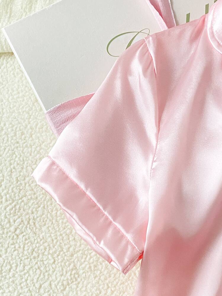 SHEIN Teen Girls Pink Solid Color Minimalist Elegant Shorts And Short Sleeve Casual Comfortable Loose 2 Pieces Loungewear Set - Pink - View 5