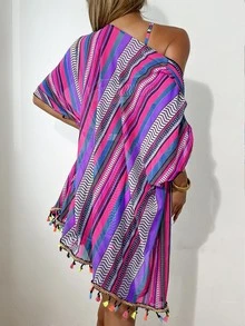 4pcs Fashionable Geometric Print Ruched Bikini Set Top And Patterned Bottom, Multicolor Fringed Cover Up Shorts Summer Carnival Beach - Purple - View 2