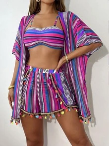4pcs Fashionable Geometric Print Ruched Bikini Set Top And Patterned Bottom, Multicolor Fringed Cover Up Shorts Summer Carnival Beach - Purple - View 4