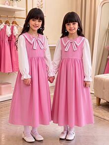 SHEIN Tween Girl Fall Dresses Fall Colorblock Patchwork 2 In 1 Dress, Holiday Outfits, Casual, Comfortable, Daily - Pink - View 2