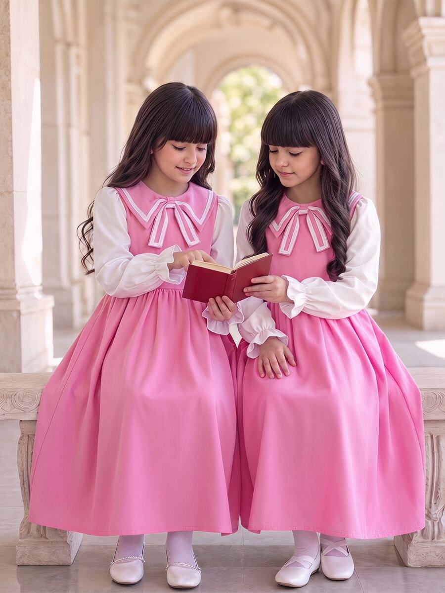 SHEIN 青少年女孩秋季配色拼接兩件式洋裝,假日穿搭,休閒舒適日常款 - 粉色 - 查看 1