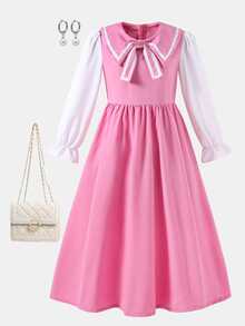 SHEIN Tween Girl Fall Dresses Fall Colorblock Patchwork 2 In 1 Dress, Holiday Outfits, Casual, Comfortable, Daily - Pink - View 6