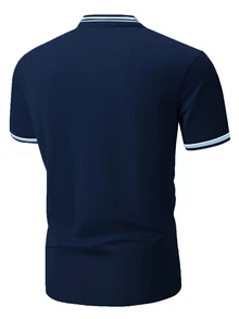 Manfinity Homme 男士條紋飾邊 Polo 衫，正式款 - 寶藍色 - 查看 2