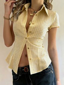 RiviMae Women's Plaid Lapel Single-Breasted Casual Versatile Commuting Short Sleeve Shirt - Yellow - View 3