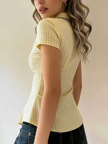 RiviMae Women's Plaid Lapel Single-Breasted Casual Versatile Commuting Short Sleeve Shirt - Yellow - View 2