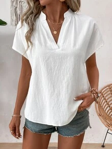 SHEIN Summer Casual Shirt With Texture And Simple Batwing Sleeves And Notched Collar,Sleeveless Tops - White - View 7