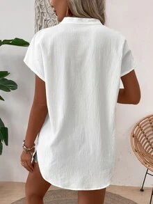 SHEIN 夏季休闲衬衫，纹理简约，蝙蝠袖和缺口领，无袖上衣 - 白色 - 查看 2