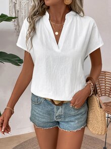 SHEIN 夏季休闲衬衫，纹理简约，蝙蝠袖和缺口领，无袖上衣 - 白色 - 查看 4