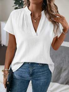 SHEIN Summer Casual Shirt With Texture And Simple Batwing Sleeves And Notched Collar,Sleeveless Tops - White - View 3