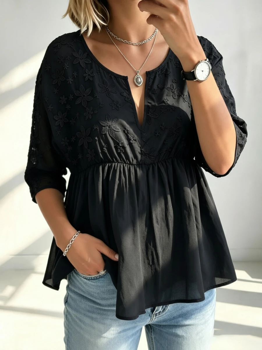 SHEIN Plus Size Casual Loose Solid Color Summer Women Shirt - Black - View 1