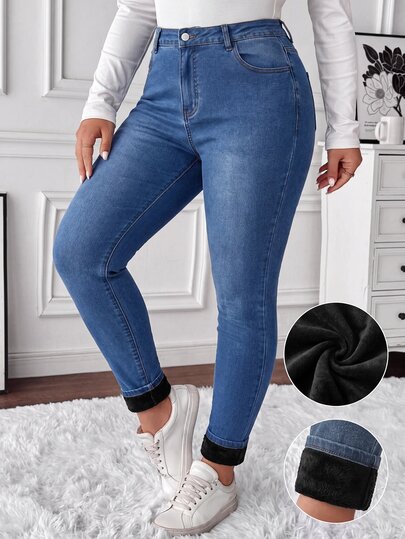 SHEIN PETITE CURVE Plus Size Jeans Fall/Winter Elegant Formal Y2K Cute Basic Chic Halloween Fuzzy Fleece Petite Curve Blue Women's Jeans