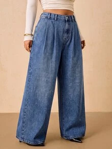 SHEIN Tall CURVE 大尺碼時尚鈕扣口袋寬鬆牛仔褲 秋季服飾 秋冬 正式商務時髦 基本款 哥德風 萬聖節聖誕節節慶 高身長 CURVE - 藍色 - 查看 8