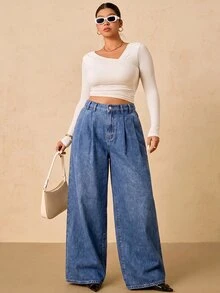 SHEIN Tall CURVE 大尺碼時尚鈕扣口袋寬鬆牛仔褲 秋季服飾 秋冬 正式商務時髦 基本款 哥德風 萬聖節聖誕節節慶 高身長 CURVE - 藍色 - 查看 7