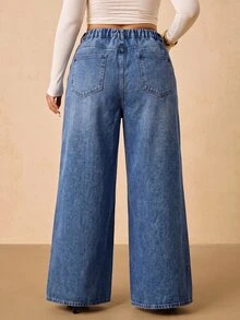 SHEIN Tall CURVE 大尺碼時尚鈕扣口袋寬鬆牛仔褲 秋季服飾 秋冬 正式商務時髦 基本款 哥德風 萬聖節聖誕節節慶 高身長 CURVE - 藍色 - 查看 6