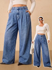 SHEIN Tall CURVE 大尺碼時尚鈕扣口袋寬鬆牛仔褲 秋季服飾 秋冬 正式商務時髦 基本款 哥德風 萬聖節聖誕節節慶 高身長 CURVE - 藍色 - 查看 5