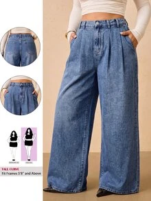 SHEIN Tall CURVE 大尺碼時尚鈕扣口袋寬鬆牛仔褲 秋季服飾 秋冬 正式商務時髦 基本款 哥德風 萬聖節聖誕節節慶 高身長 CURVE - 藍色 - 查看 1