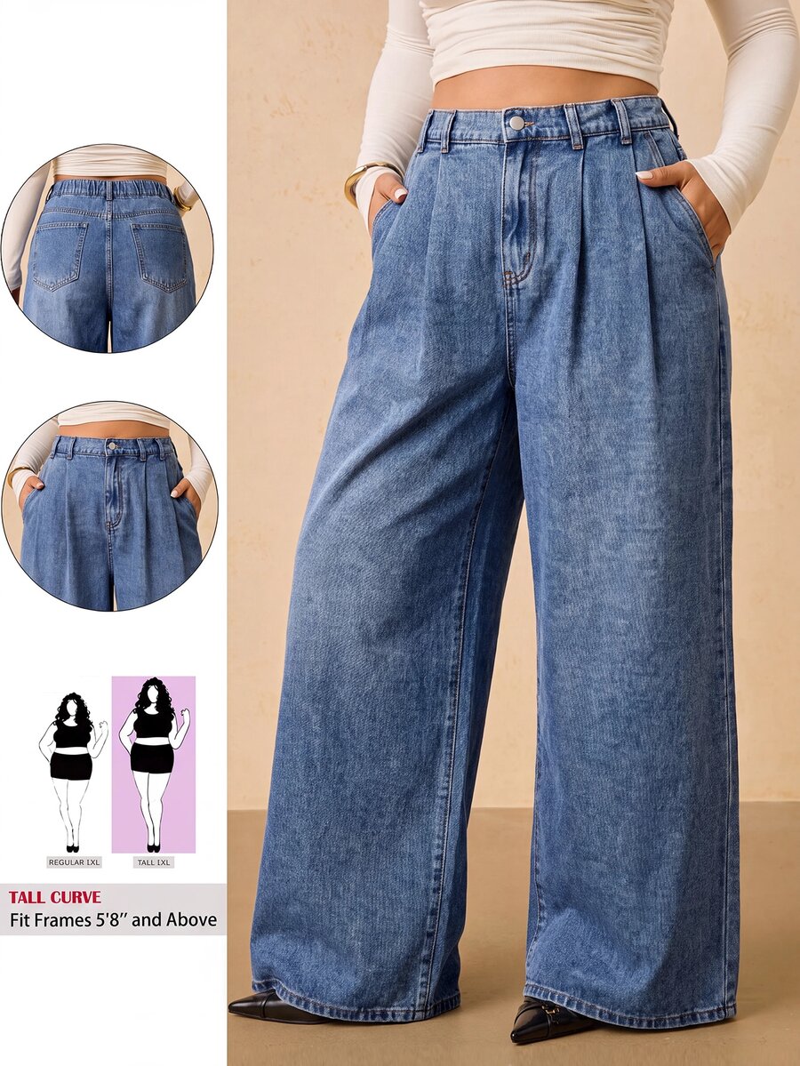 SHEIN Tall CURVE 大尺碼時尚鈕扣口袋寬鬆牛仔褲 秋季服飾 秋冬 正式商務時髦 基本款 哥德風 萬聖節聖誕節節慶 高身長 CURVE - 藍色 - 查看 1