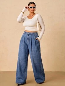SHEIN Tall CURVE 大尺碼時尚鈕扣口袋寬鬆牛仔褲 秋季服飾 秋冬 正式商務時髦 基本款 哥德風 萬聖節聖誕節節慶 高身長 CURVE - 藍色 - 查看 4
