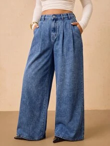 SHEIN Tall CURVE 大尺碼時尚鈕扣口袋寬鬆牛仔褲 秋季服飾 秋冬 正式商務時髦 基本款 哥德風 萬聖節聖誕節節慶 高身長 CURVE - 藍色 - 查看 3