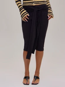 MUSERA Plus Size Black Tie Detail Capri Pants Winter Fall Going Out Womens Outfit - Black - View 2