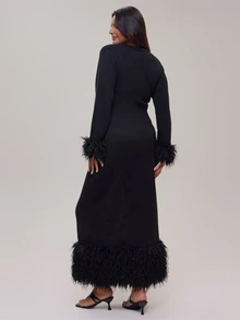 MUSERA Plus Size Black Frill Detail Long Sleeve Maxi Dress Winter Fall Going Out Womens Outfit - Black - View 3