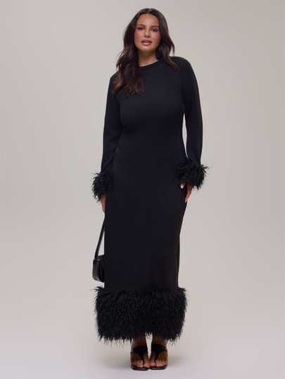 MUSERA Vestido Maxi de Manga Larga con Detalle de Volantes Negro Talla Grande para Invierno y Otoño Atuendo de Salida para Mujer