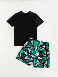 SHEIN 紅白藍配色青少年男孩泳裝套裝，夏季休閒度假兒童幾何印花快乾防曬短袖上衣＋短褲 2 件套穿搭 - 綠色 - 查看 2