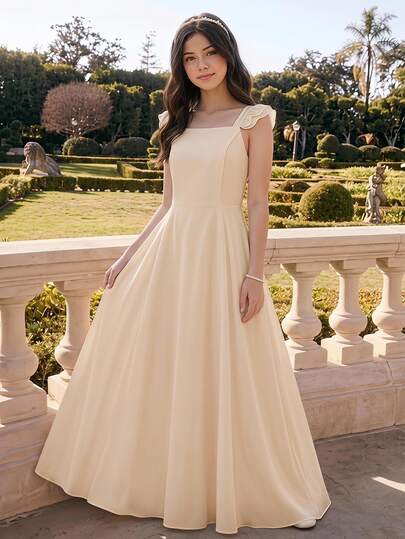 SHEIN Teen Girl White Elegant Fashion Square Neck Double Layer Flutter Sleeve High Waist Cinched Waist Long Dress, Lightweight Soft Fabric, Suitable For Vacation, Graduation Ceremony, Back To School Season, Wedding Season, Various Ball Events, Formal Occasions