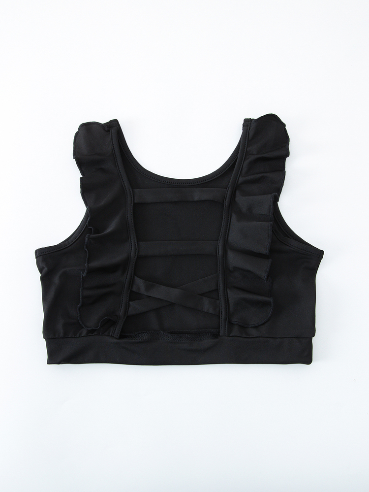 SHEIN 少女運動短褲套裝，荷葉邊露背設計，多層交叉鏤空繫帶背部，高腰短褲，修身短版上衣，適合舞蹈、健身、表演、戶外日常穿著，休閒穿搭 - 黑色 - 查看 4