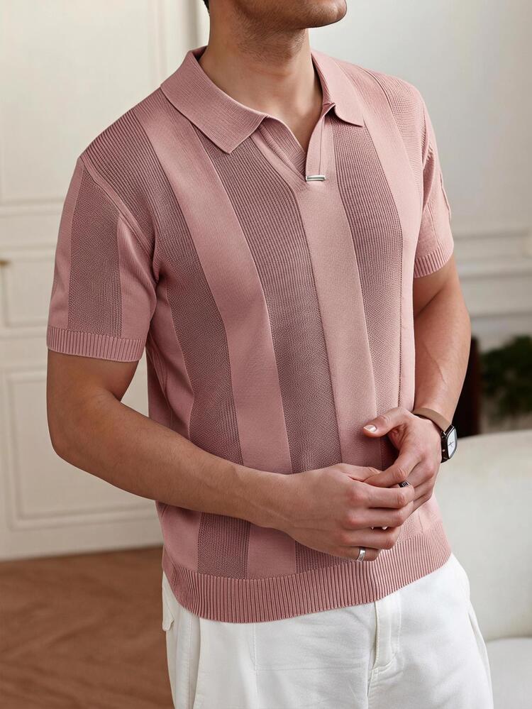 Manfinity CityGents Men's Summer Casual Matching Solid Color Short Sleeve Knit Top Brunch Date Night Dusty Pink - Pink - View 8