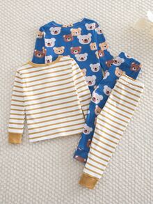 Genkimix Kids Baby Boy Spring/Autumn Cartoon Dinosaur Letter Positioned Print & Random All-Over Print Crew Neck Long Sleeve Top And Elastic Waist Long Pants Snug Fit Loungewear - Coffee Brown - View 2