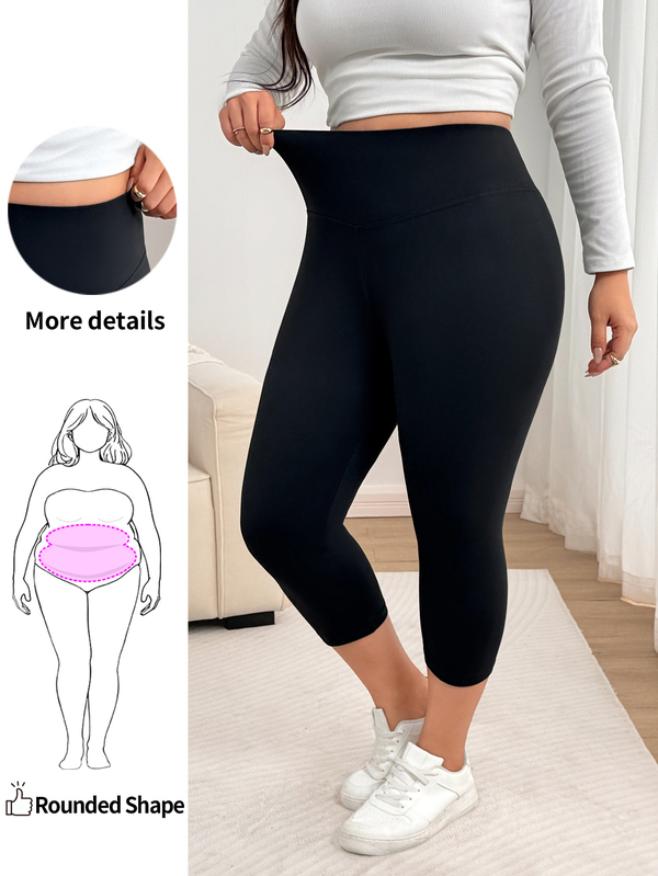 Enliva Plus Size Solid Color High Waist Casual Leggings, Elastic Capri Length, Suitable For Apple-Shaped And Curvy Body Types