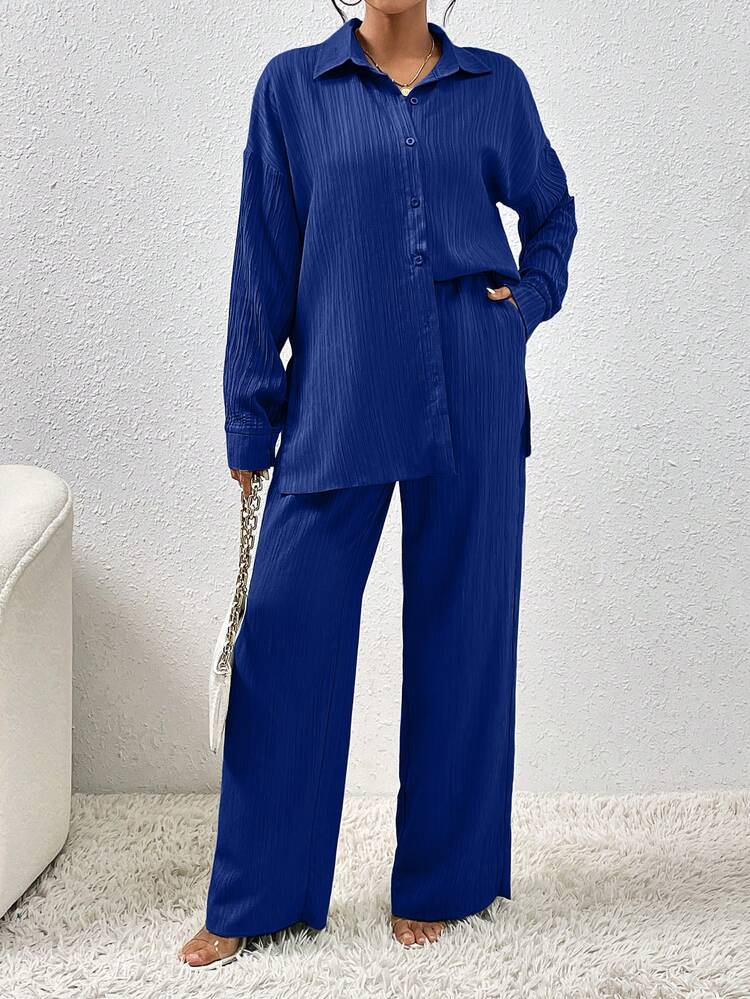EMERY ROSE Conjunto de 2 piezas para mujer de otoño, camisa de tela texturizada versátil con hombros caídos y abertura en el bajo, y pantalones de pierna ancha con bolsillos inclinados prácticos - azul real - Añade 5