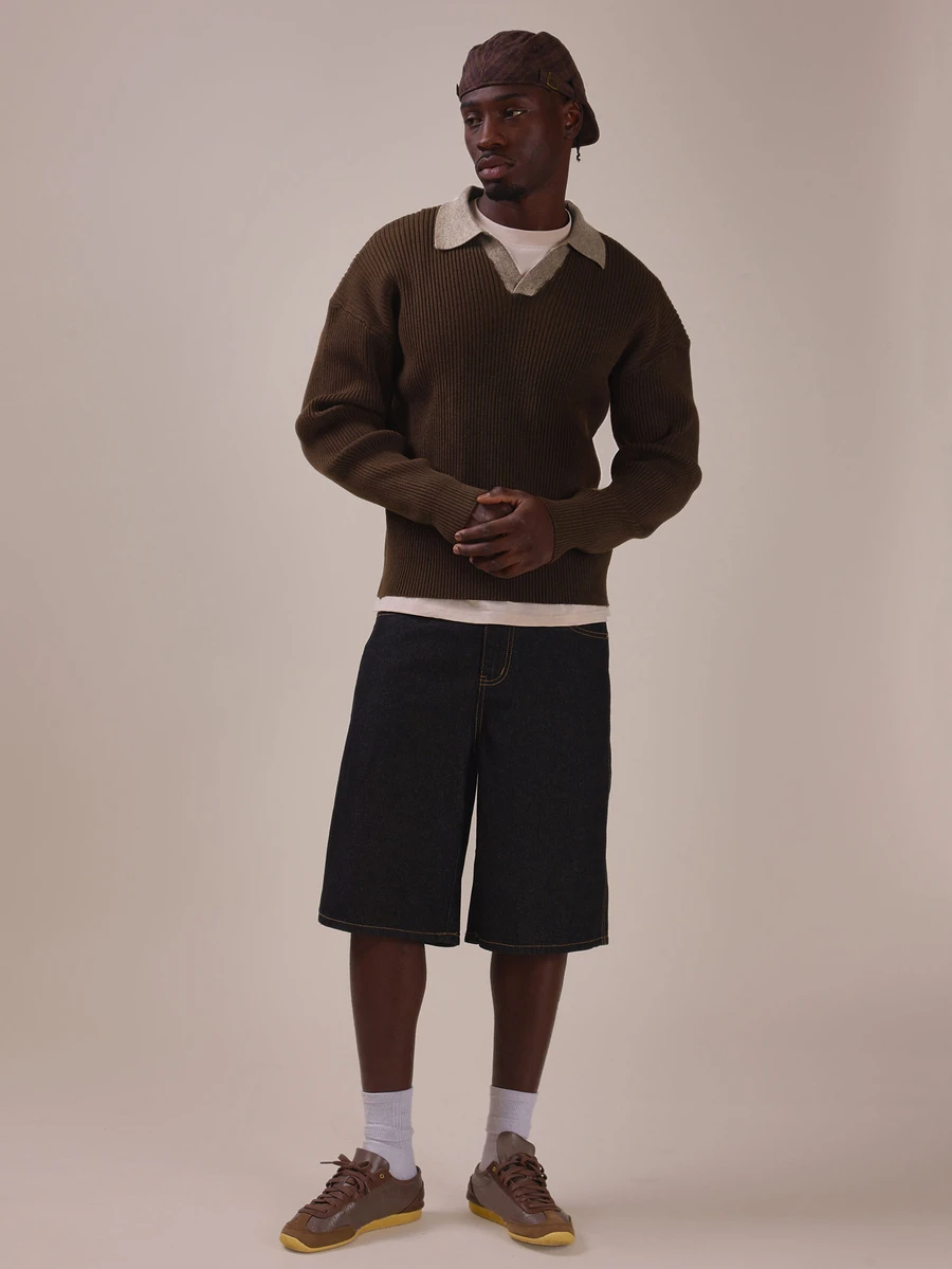 Musero Drop Shoulder Oversized Fit Long Sleeve Contrast Collared Rib Knit Sweater Spring Summer Essentials - Brown - View 1